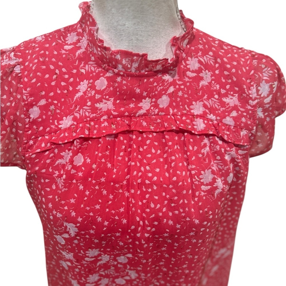 Joie cranberry pink chiffon Floral ruffle neck short sleeve Blouse size small - Picture 4 of 10
